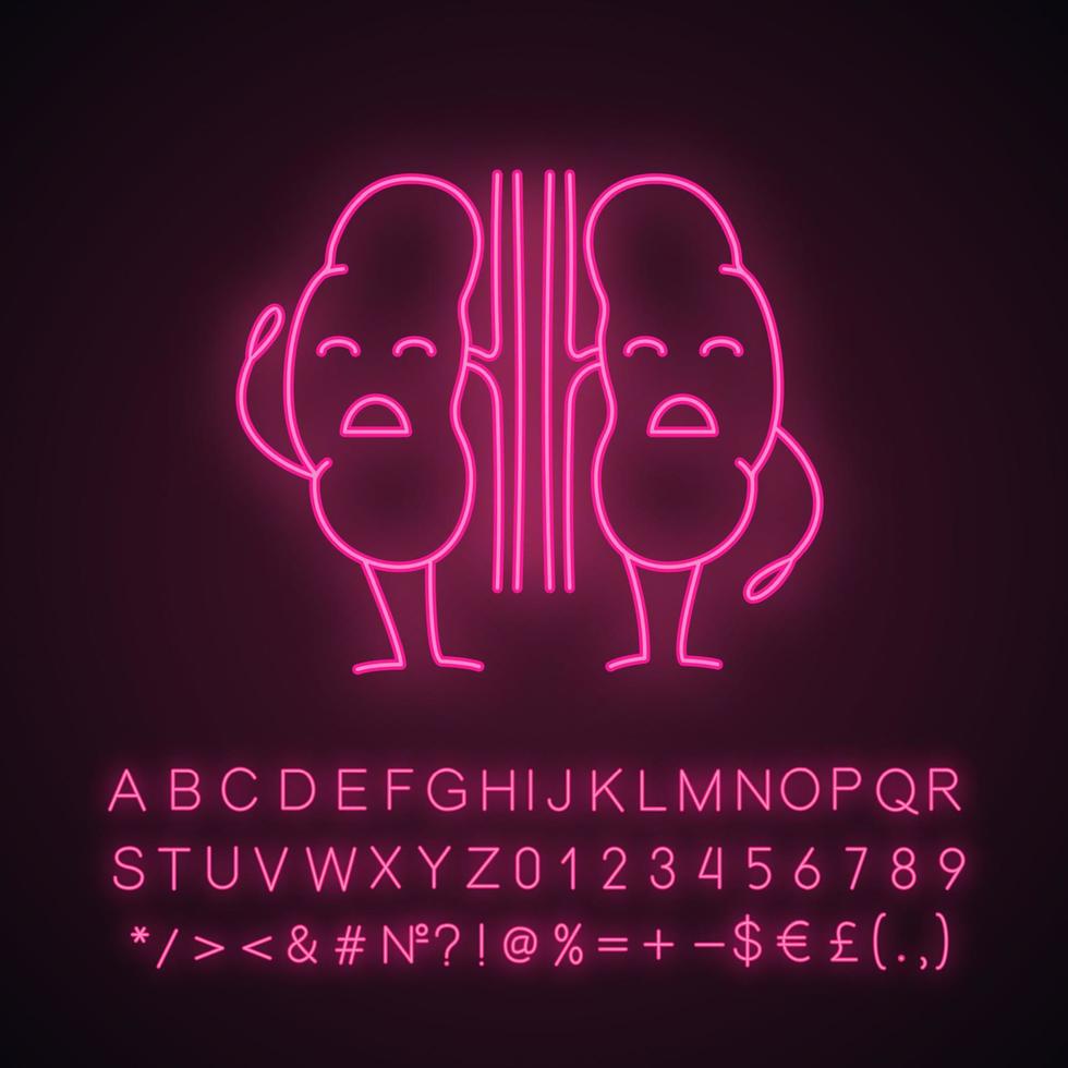 Sad human kidneys character neon light icon. Unhealthy urinary tract. Urinary system disease. Nephropathy. Glowing sign with alphabet, numbers and symbols. Vector isolated illustration