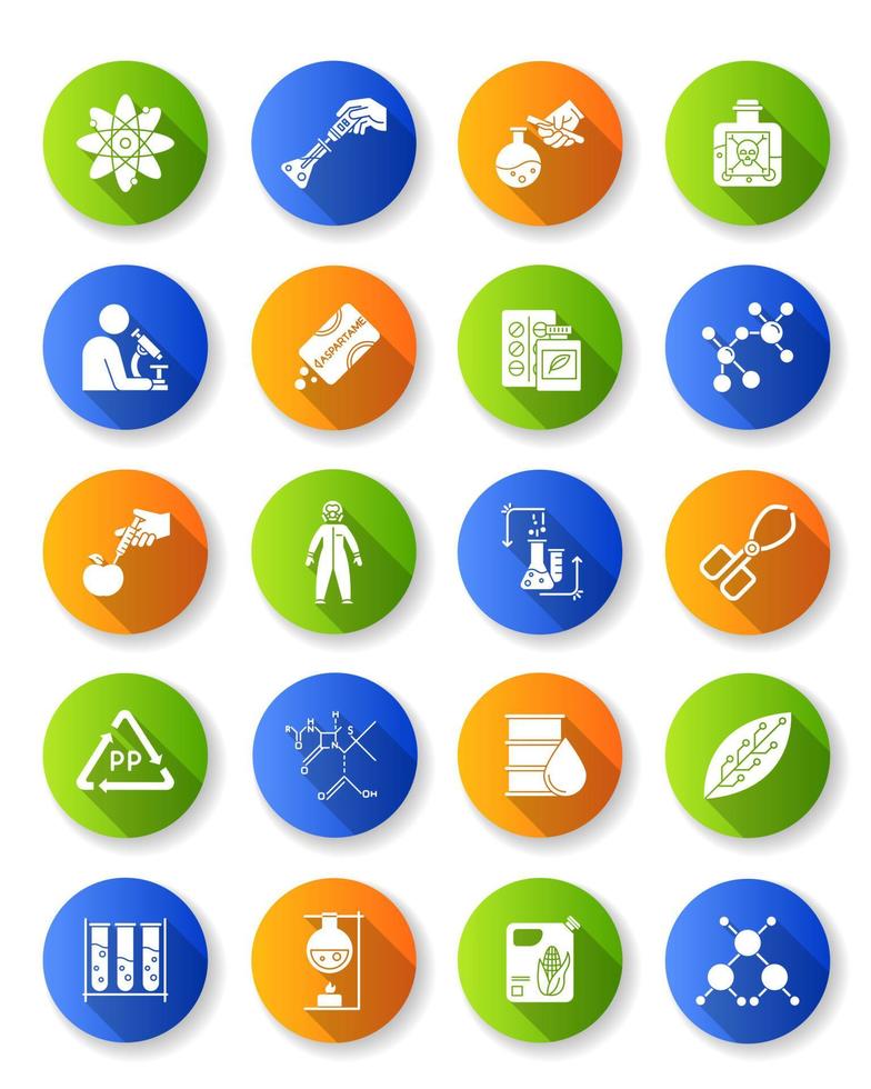 Science and nature interaction flat design long shadow glyph icons set. Biotechnology equipment. Experiment method. Products synthesis. Organic chemistry research. Vector silhouette illustration