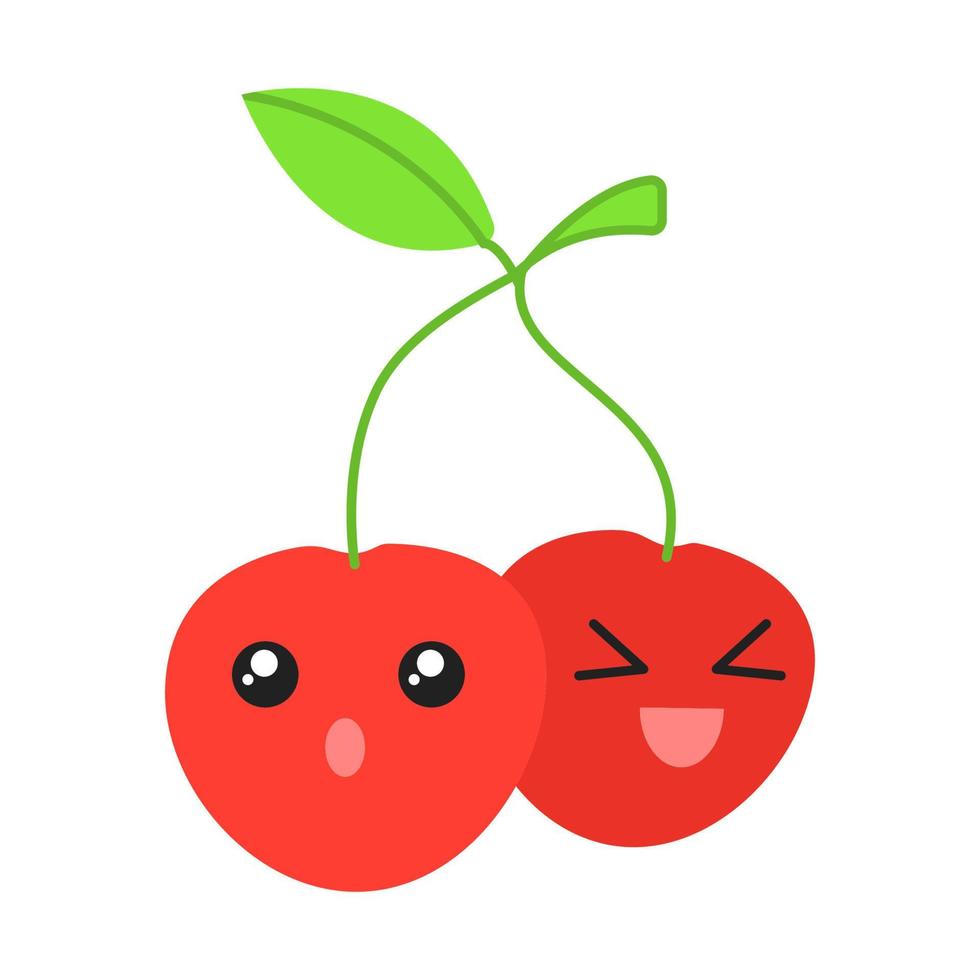 Cherries cute kawaii flat design long shadow character. Happy and astonished berries with smiling face. Laughing and frowned food. Funny emoji, emoticon, smile. Vector isolated silhouette illustration