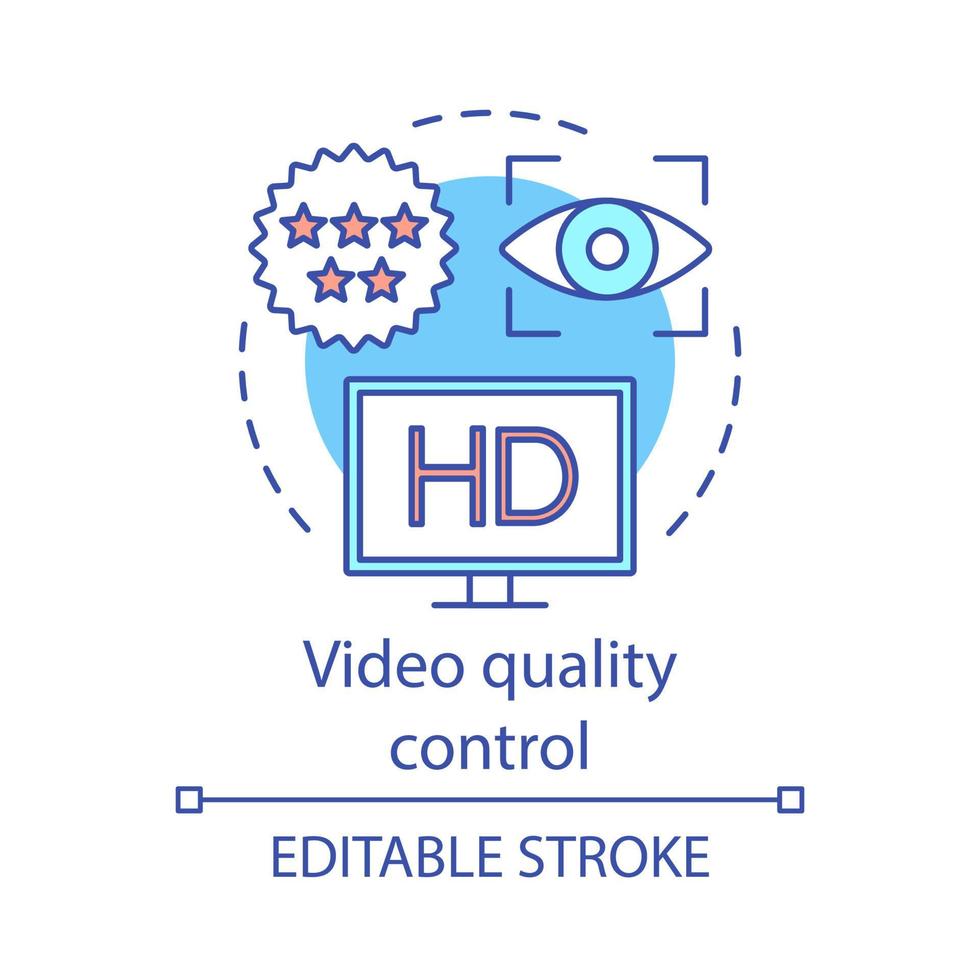 Video quality control concept icon. Film post production idea thin line illustration. Cinematography. Video quality assurance. Media delivery index. Vector isolated outline drawing. Editable stroke