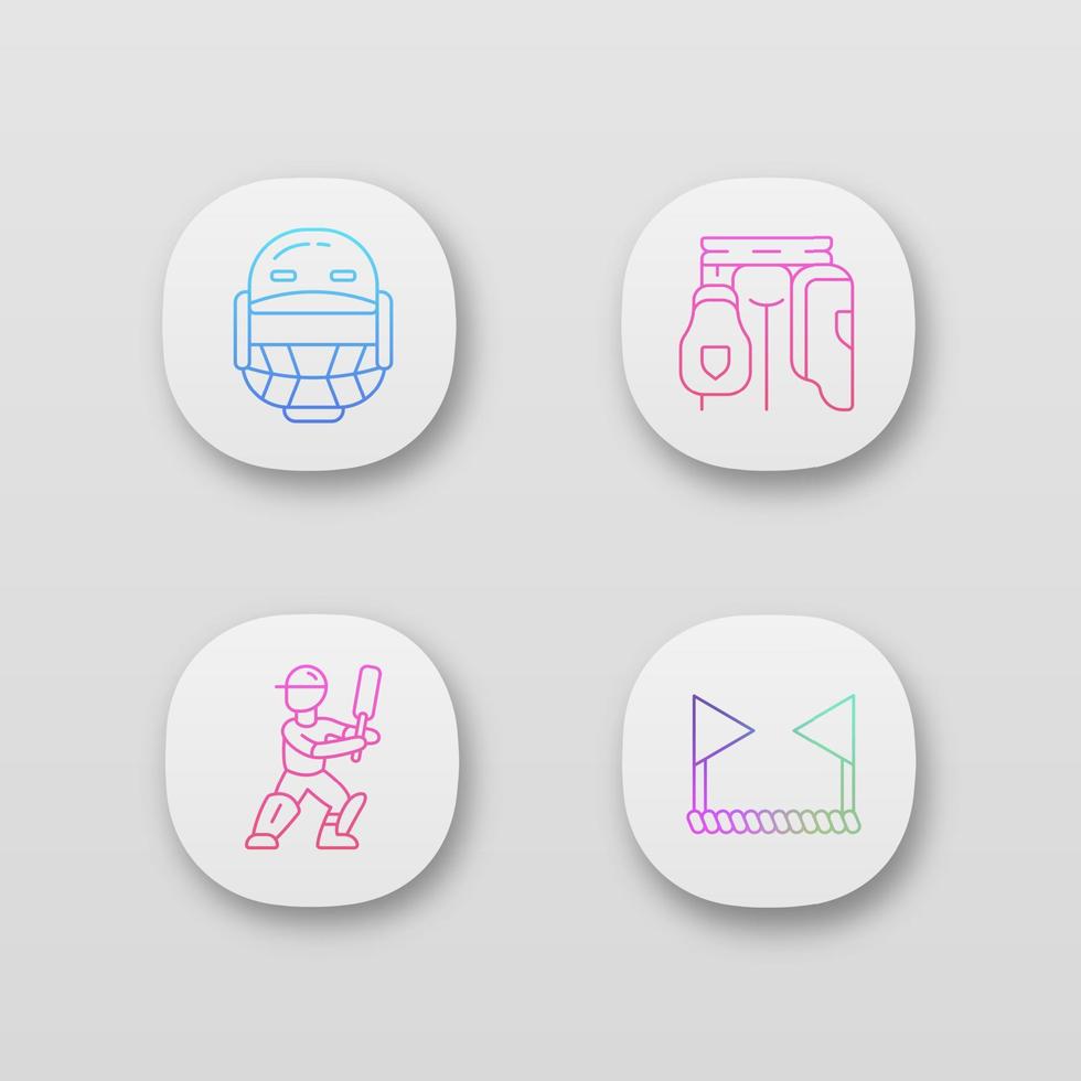 Conjunto de iconos de aplicaciones de campeonato de cricket. torneo deportivo. casco, protector de muslos, bateador, cuerda límite. juego de bate y pelota. aplicaciones web o móviles. ilustraciones vectoriales aisladas vector