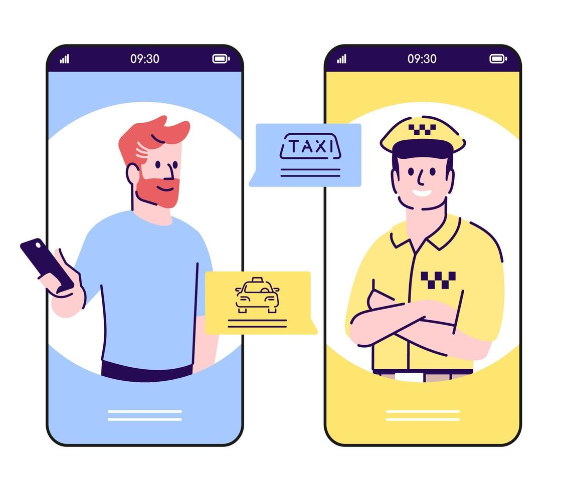 Call taxi service smartphone cartoon app screen. Mobile phone displays with car driver flat character design mockup. Man ordering automobile telephone application interface. Vector illustration