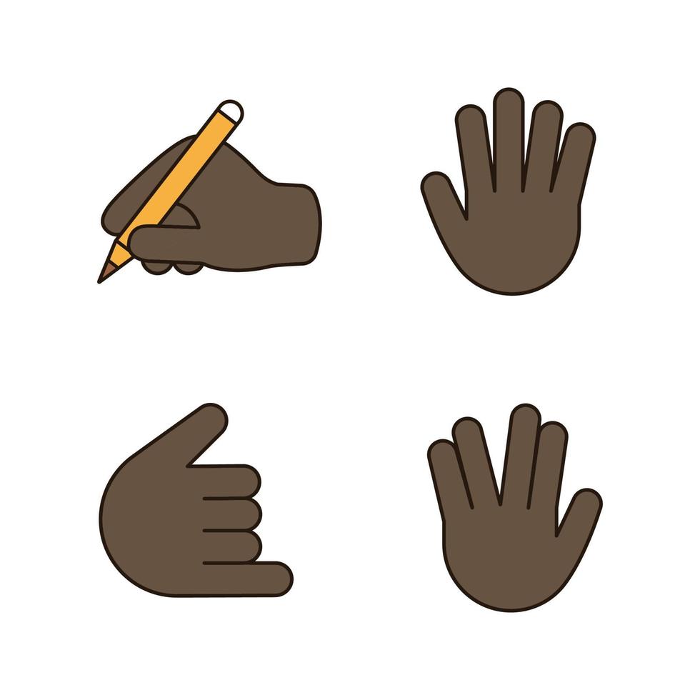 Hand gesture emojis color icons set. Writing hand, vulcan salute, high five, shaka, call me gesturing. Isolated vector illustrations