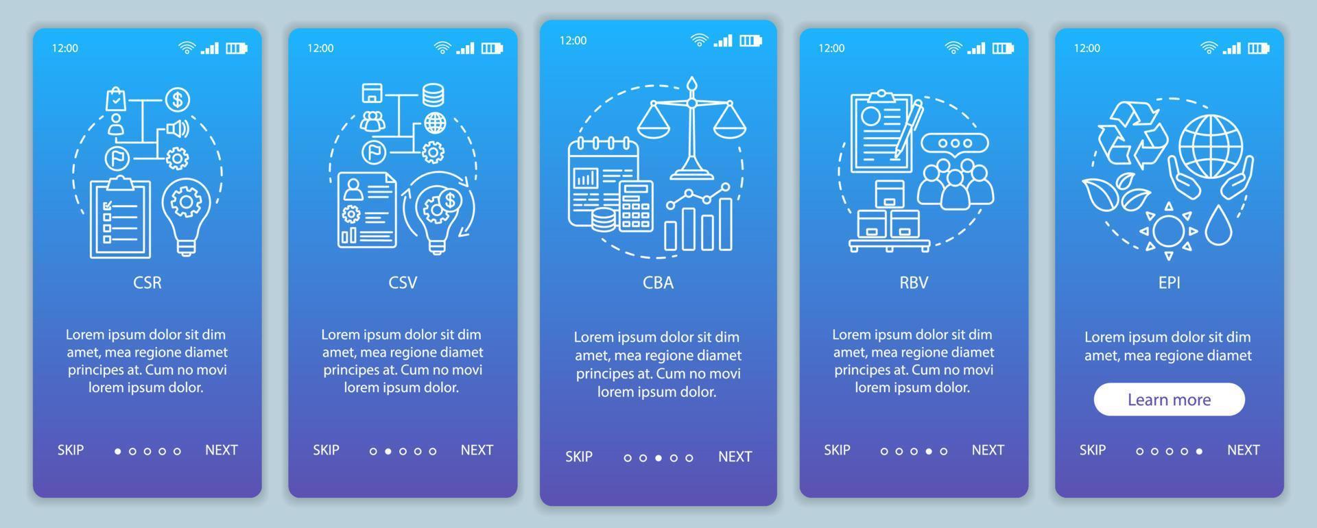 Business concepts onboarding mobile app page screen vector template. CSR. Corporate principles. Business ethics. Walkthrough website steps with linear illustrations. UX, UI, GUI smartphone interface