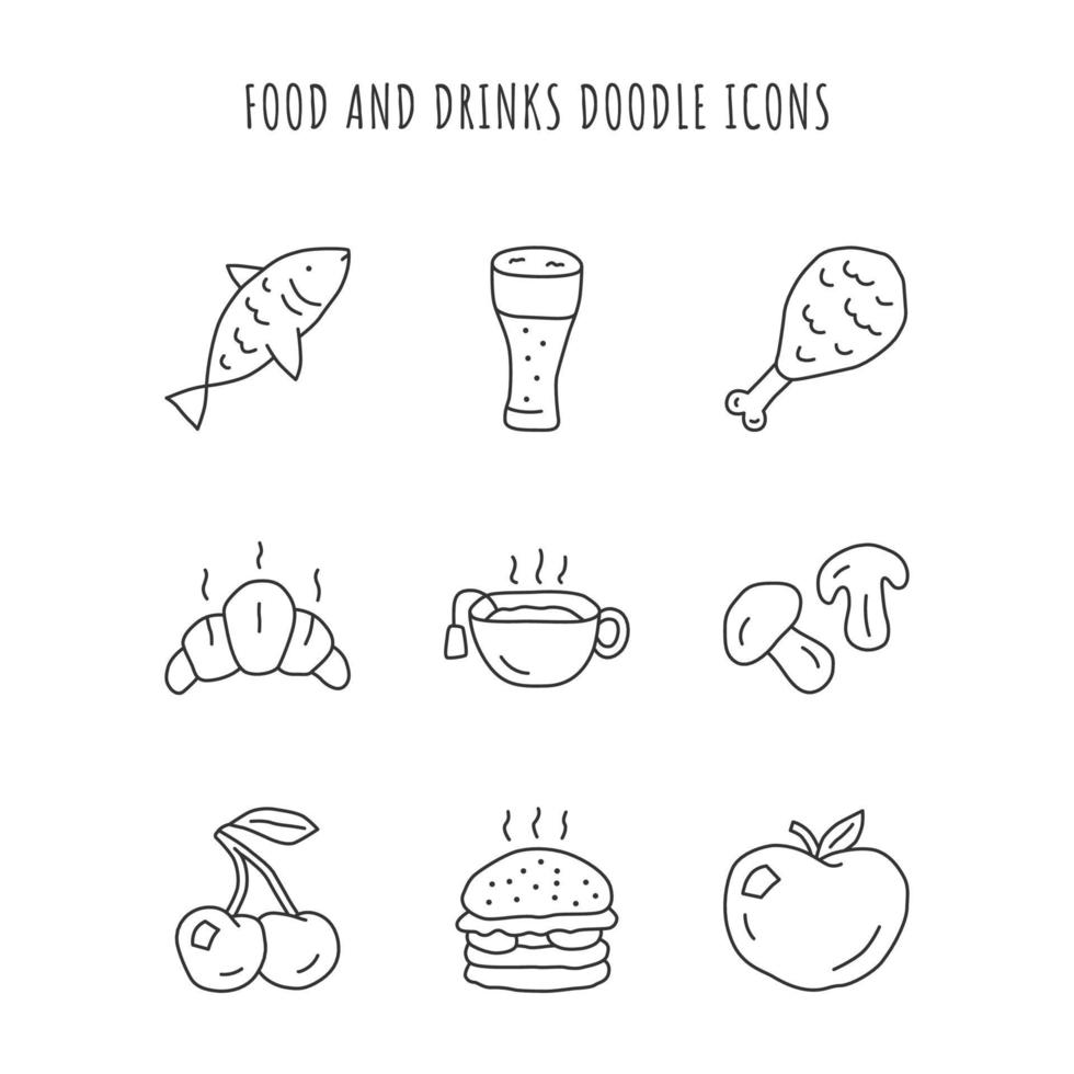 Food and drinks linear icons set. Burger, chicken leg and beer. Eating and beverages thin line contour symbols. Croissant, hot tea and mushrooms isolated vector outline illustrations. Editable stroke