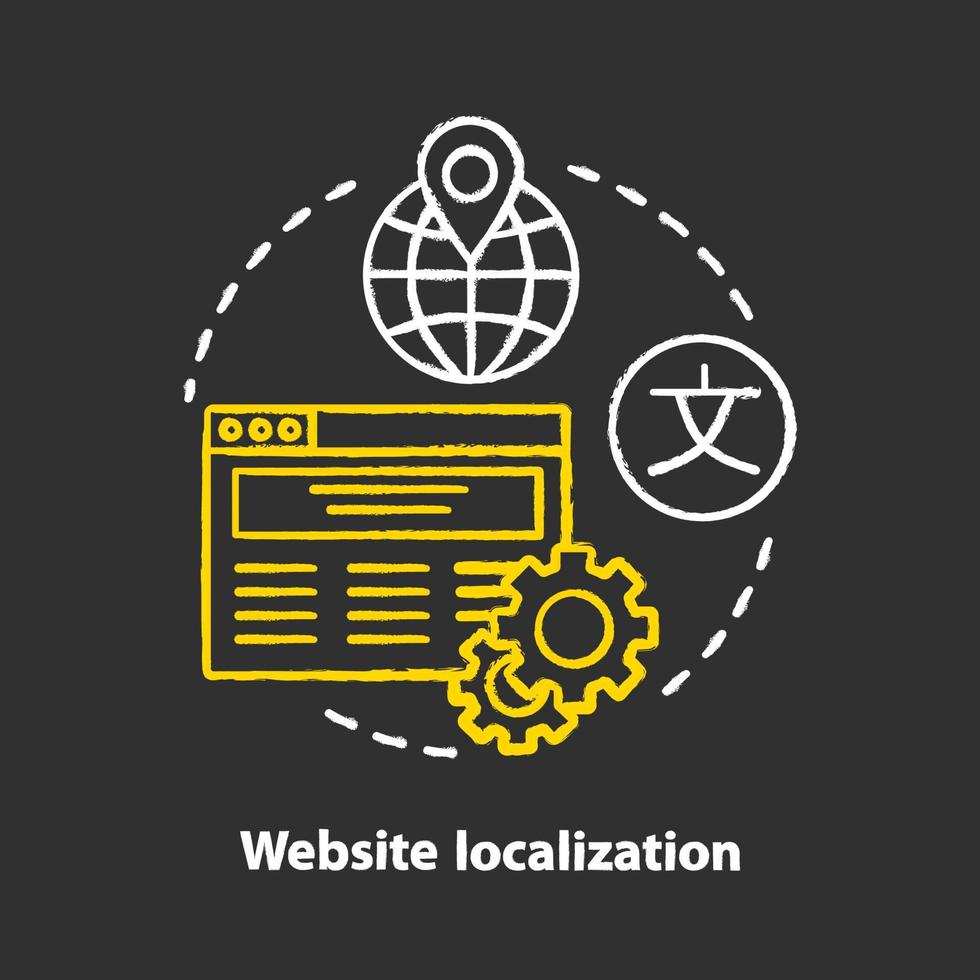 Website localization chalk concept icon. Website translation process idea. Webpage modifying. Launch and manage multilingual websites, international SEO. Vector isolated chalkboard illustration