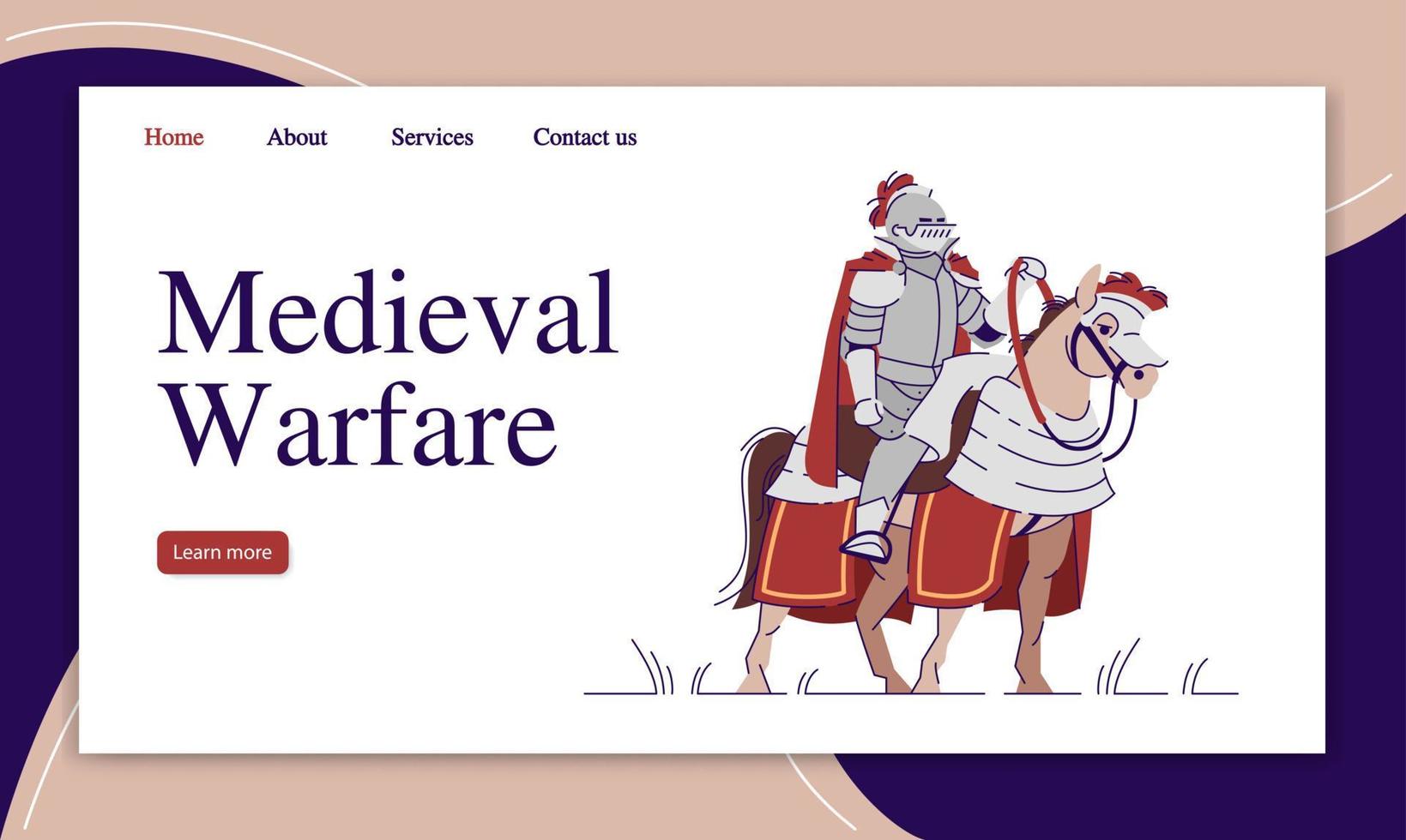 Medieval warfare landing page vector template. Military history website interface idea with flat illustrations. Knighthood homepage layout. Middle Ages web banner, webpage cartoon concept