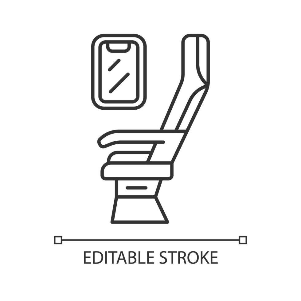 Passenger seat linear icon. Airplane comfortable seating. Jet window. Plane salon. Aviation service. Aircraft cabin. Thin illustration. Contour symbol. Vector isolated outline drawing. Editable stroke