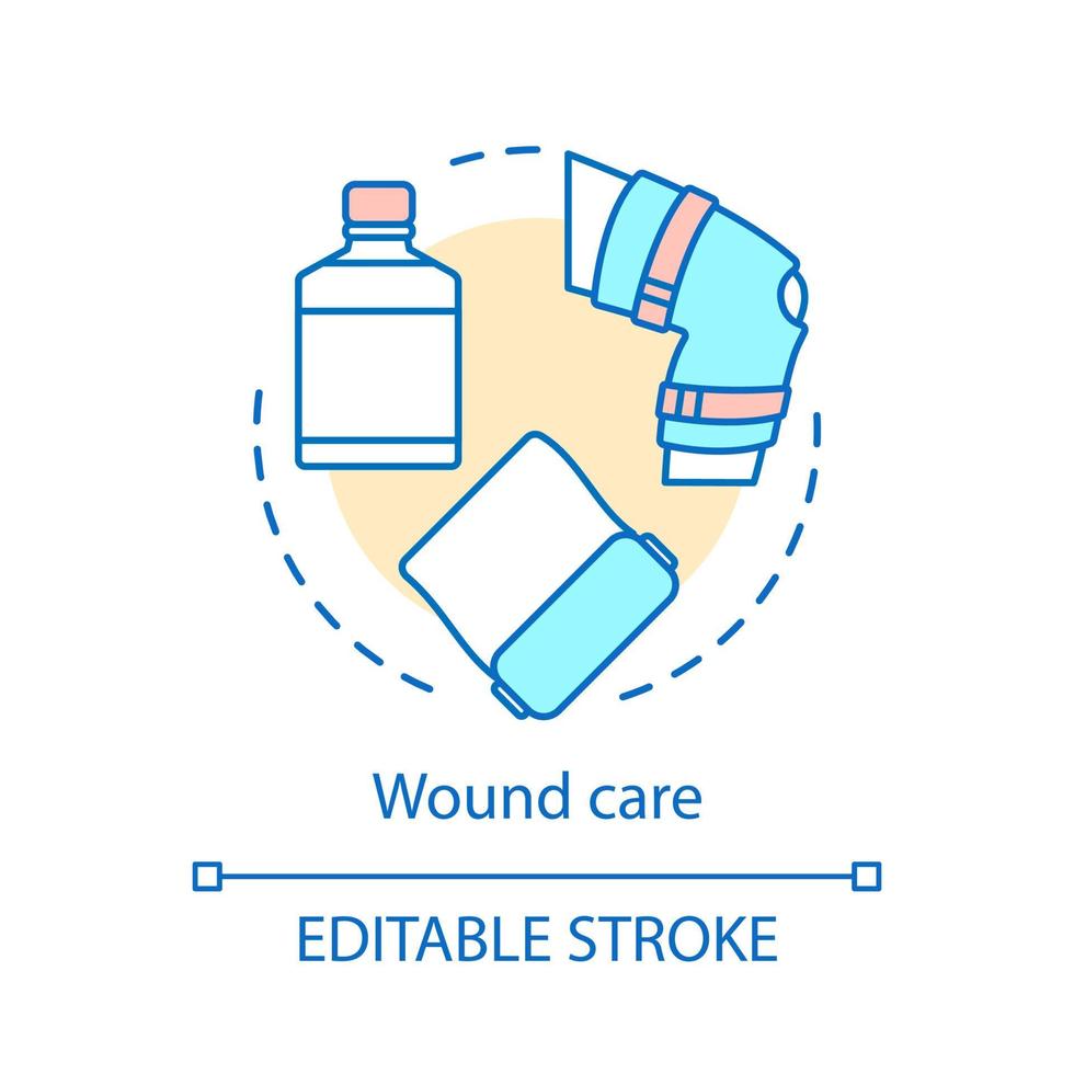 Wound care concept icon. Injury, trauma treatment idea thin line illustration. Clinical guidelines vector isolated outline drawing. Nursing services. Bandage, medication, knee therapy. Editable stroke