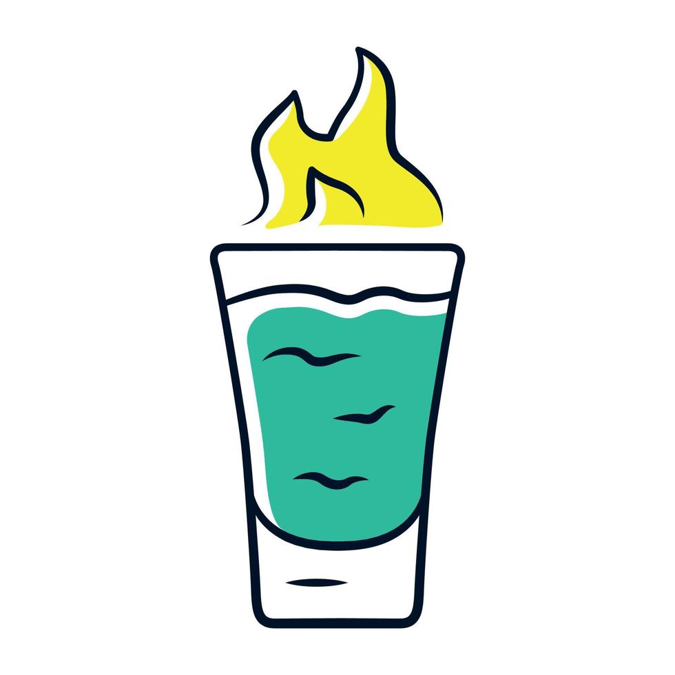 Flaming shot green color icon. Glass with beverage and burning fire. Drink with flammable high-proof alcohol. Absinthe. Isolated vector illustration