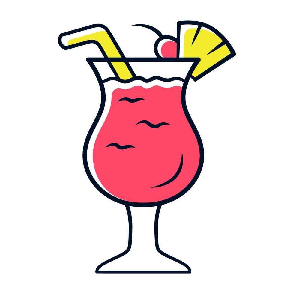 Pina colada red color icon. Footed glass with drink, slice of fruit and straw. Refreshing alcohol beverage. Sweet mix with rum and pineapple juice. Isolated vector illustration