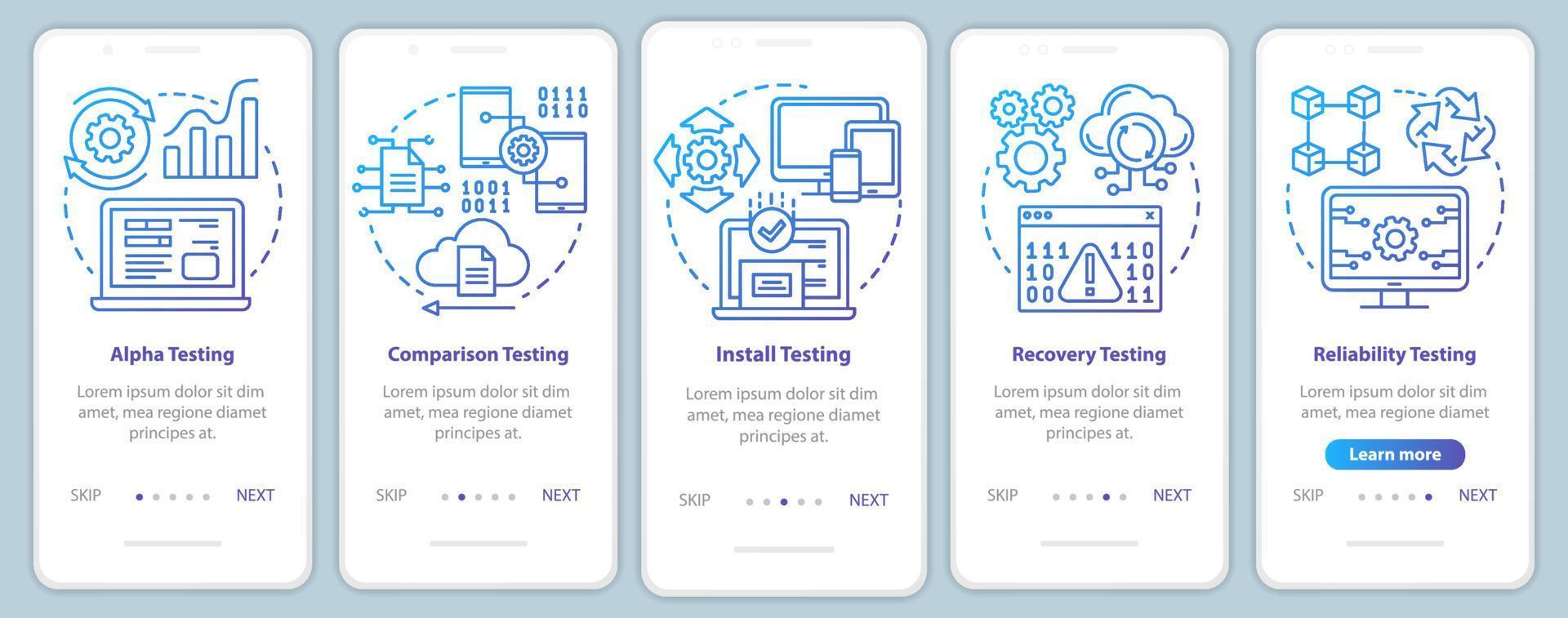 prueba de rendimiento de software incorporación de plantilla de vector de pantalla de página de aplicación móvil. control de calidad del programa. paso a paso del sitio web con ilustraciones lineales. concepto de interfaz de teléfono inteligente ux, ui, gui