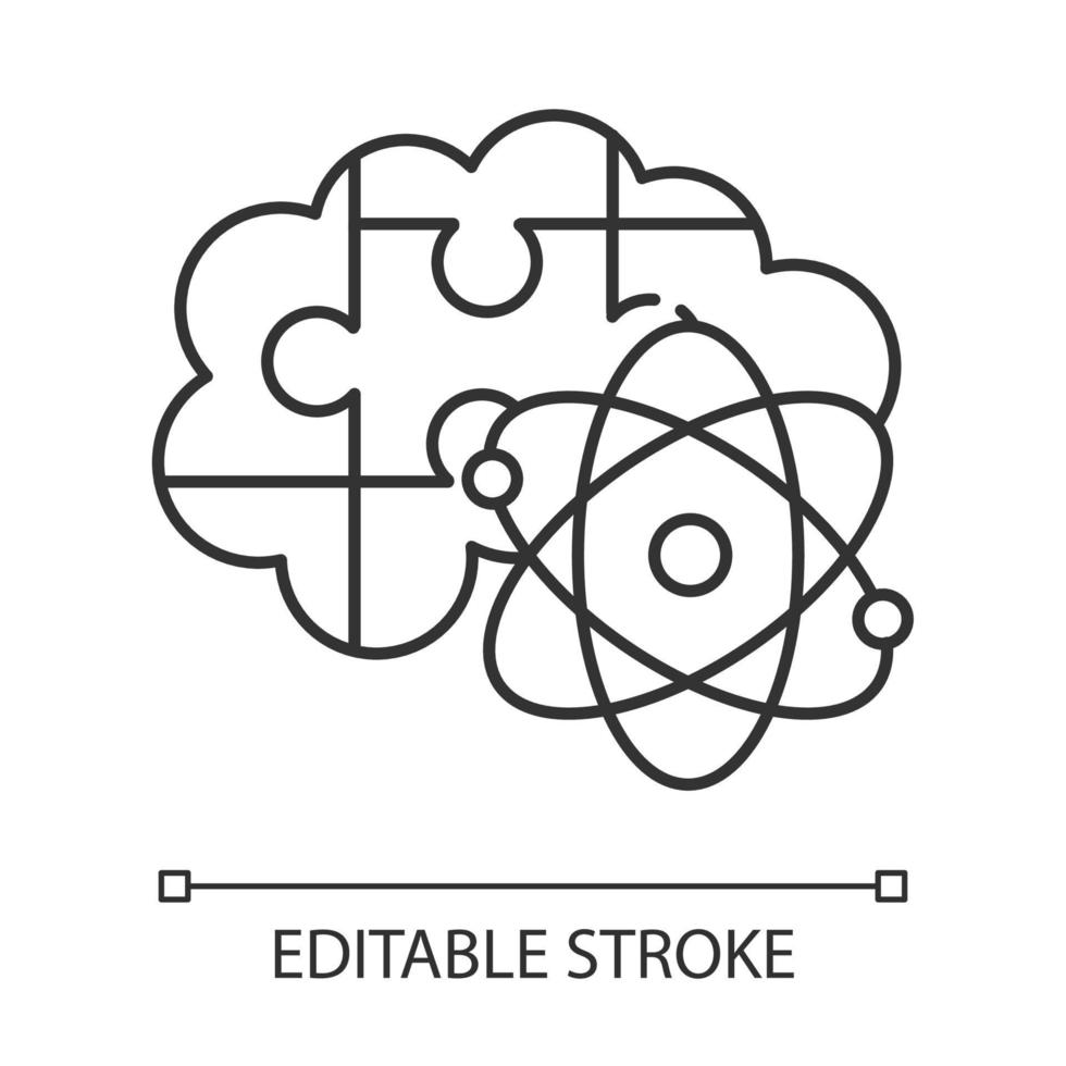 Brain teaser linear icon. Science puzzle, riddle, logic game. Mental exercise. Challenge. Intelligence test. Thin line illustration. Contour symbol. Vector isolated outline drawing. Editable stroke