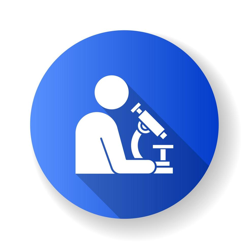 Man with microscope blue flat design long shadow glyph icon. Scientist at work. Organic chemistry. Laboratory practice, research. Conducting experiments. Vector silhouette illustration