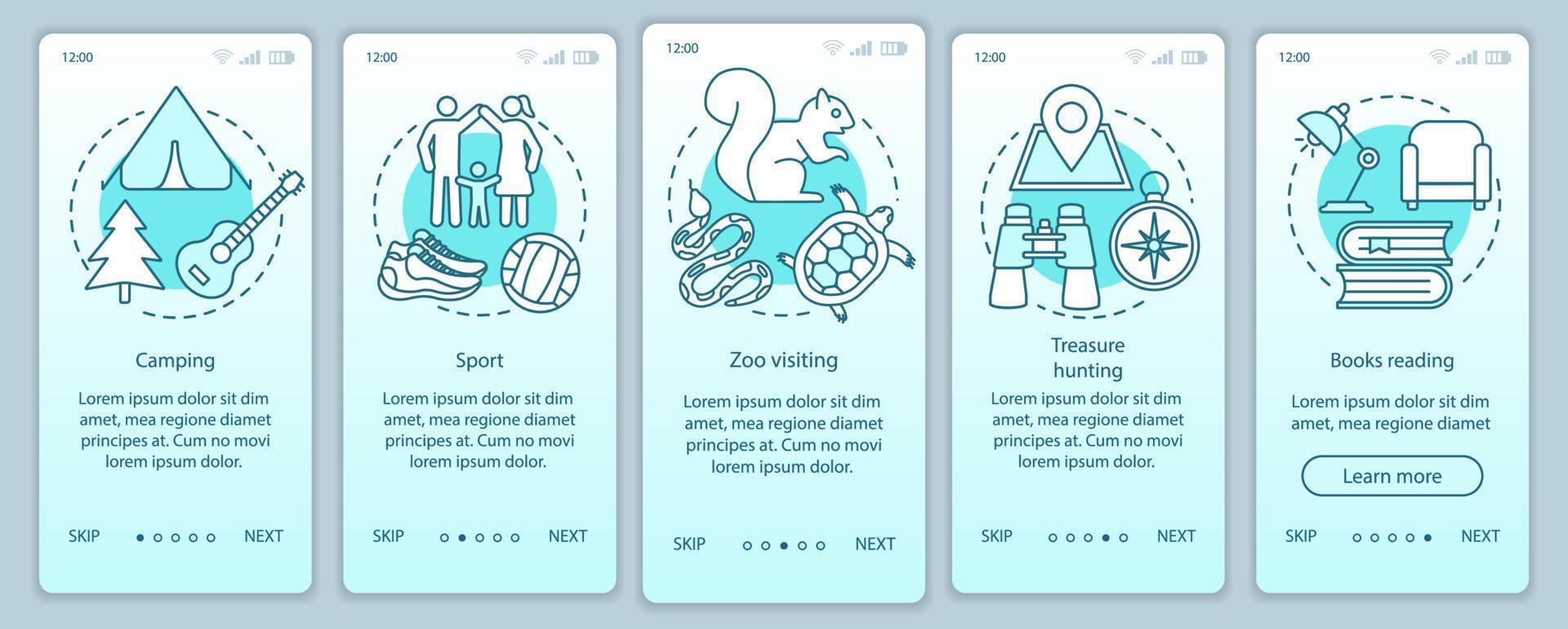 Family time together onboarding mobile app page screen vector template. Zoo visiting. Walkthrough website steps with linear illustrations. Sport and camping. UX, UI, GUI smartphone interface concept