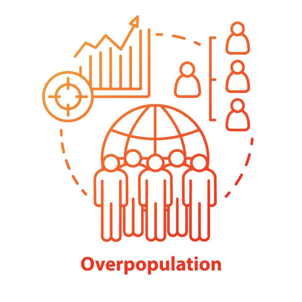 Overpopulation concept icon. Planet overcrowding idea thin line illustration in red. Increasing number of people. Demographic problems in society. Resources deficit. Vector isolated outline drawing