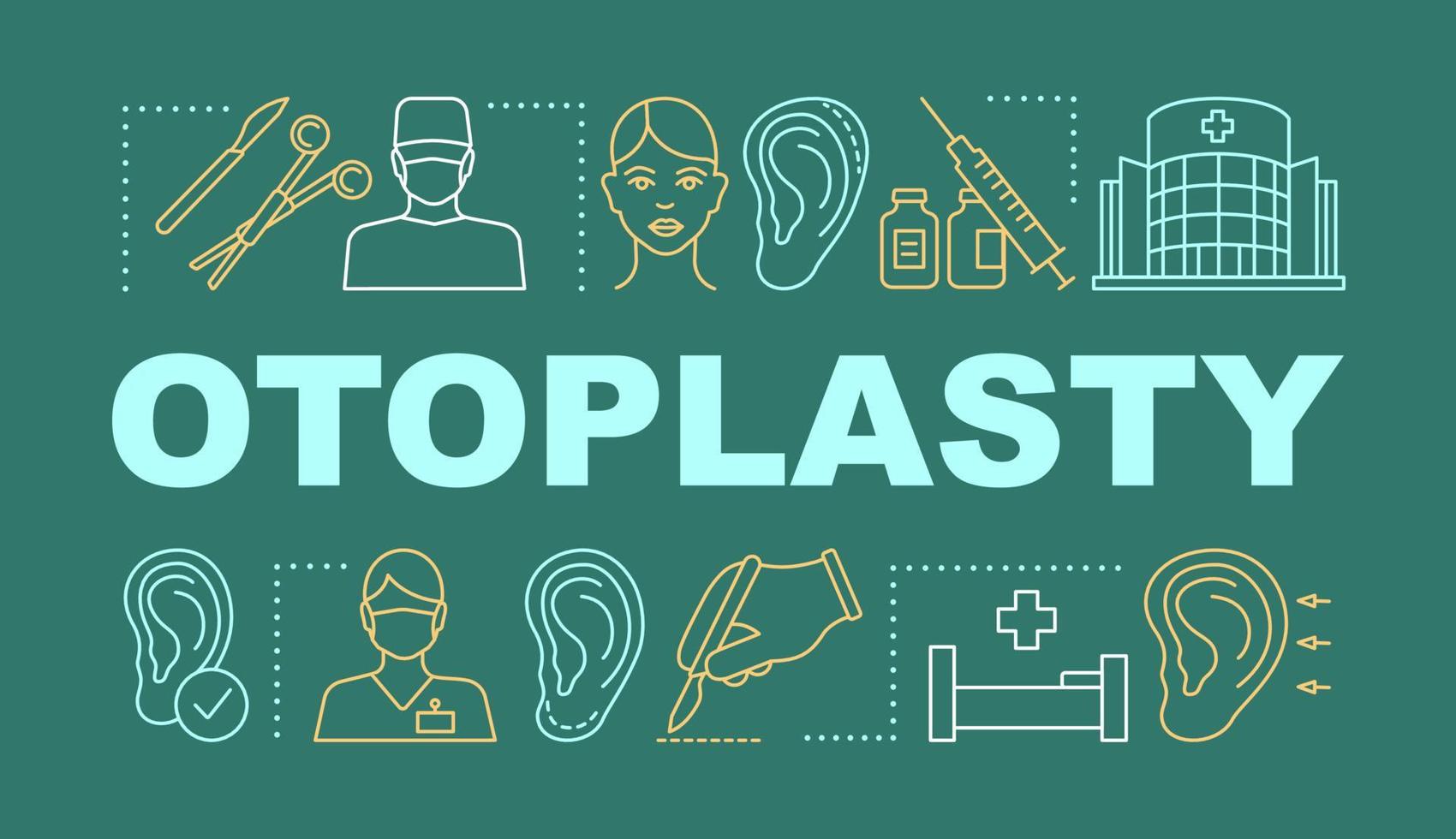 Otoplasty word concepts banner. Cosmetic ear surgery. Surgical reshaping. Presentation, website. Isolated lettering typography idea with linear icons. Vector outline illustration