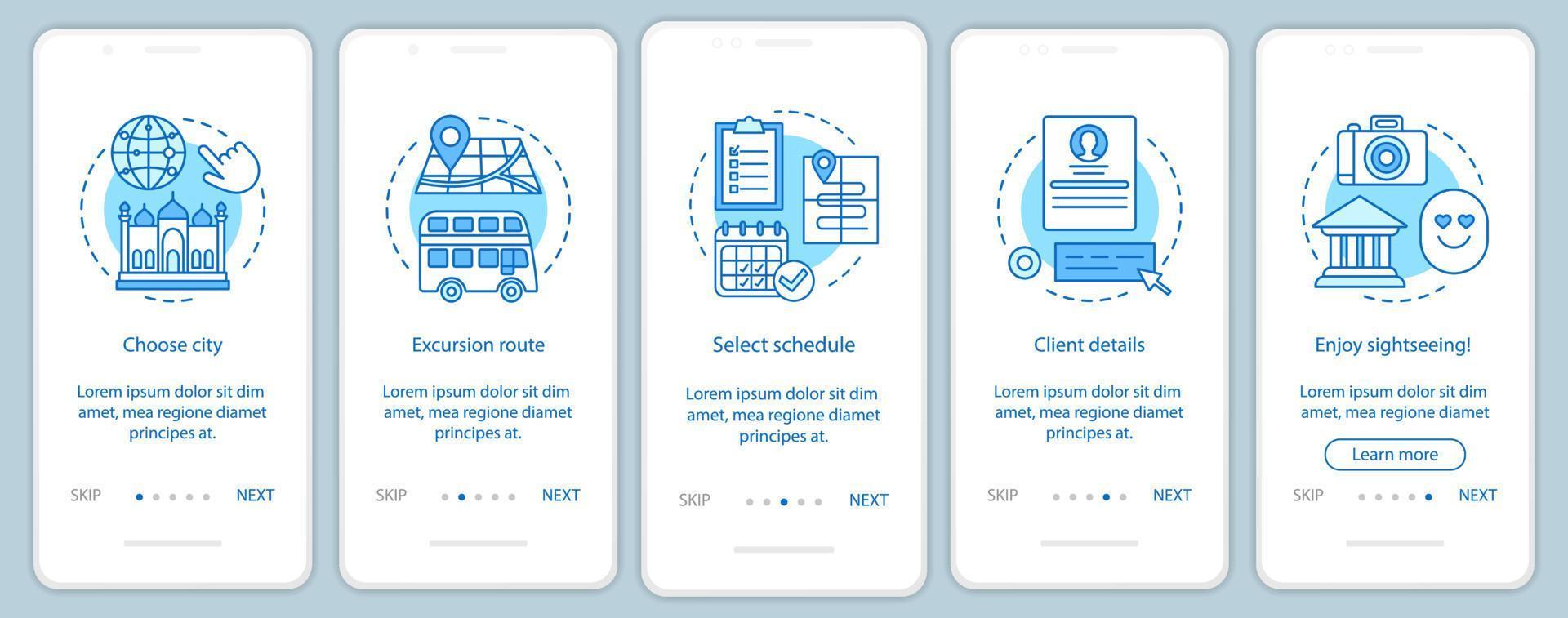 Tourism onboarding mobile app page screen vector template. City route event. Excursion, sightseeing. Walkthrough website steps with linear illustrations. UX, UI, GUI smartphone interface concept