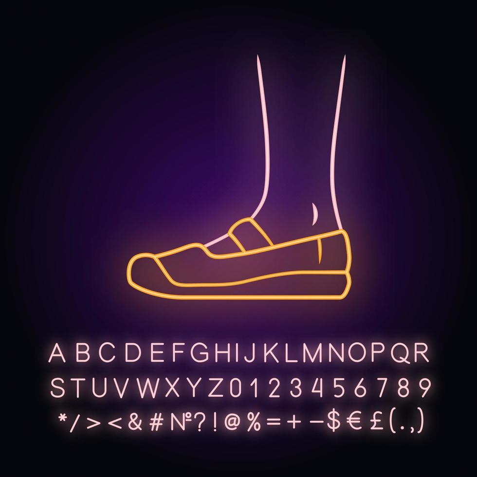 Canvas shoes neon light icon. Women and men stylish footwear design. Unisex casual flats, modern comfortable espadrilles. Glowing sign with alphabet, numbers and symbols. Vector isolated illustration