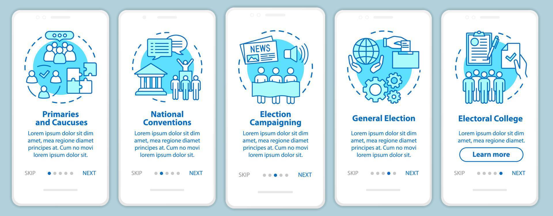 Elections onboarding mobile app page screen with linear concepts. Politics and social events. Five walkthrough steps graphic instructions. UX, UI, GUI vector template with illustrations