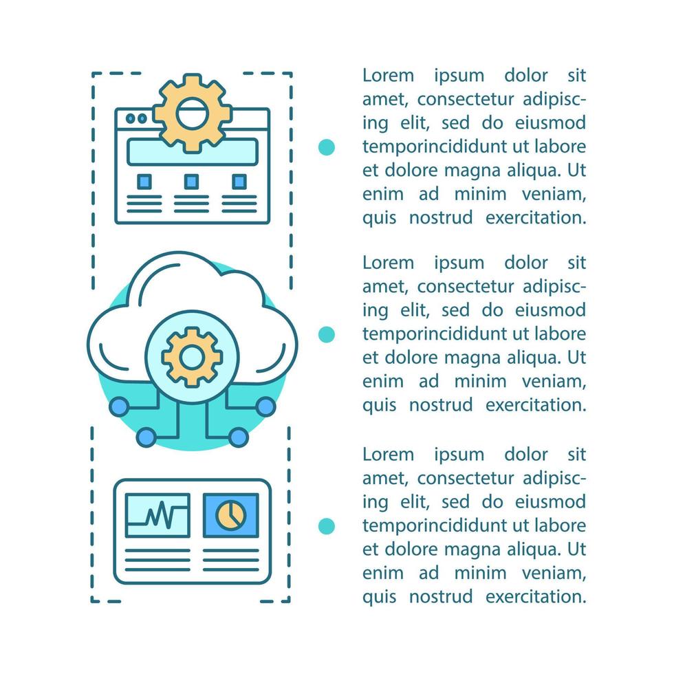Cloud computing article page vector template. Data storage. Digital technology. Brochure, magazine, booklet design with text boxes. Settings and options. Print design. Concept illustrations