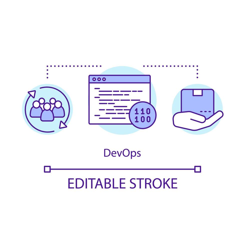DevOps concept icon. Development and operations. Collaboration for coding needed. Relationship in development team idea thin line illustration. Vector isolated outline drawing. Editable stroke
