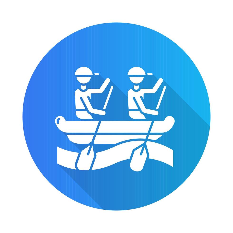 rafting icono de glifo de larga sombra de diseño plano azul. deportes acuáticos, tipo de deporte extremo. actividad recreativa al aire libre y pasatiempo. Ocio arriesgado y aventurero en aguas turbulentas silueta ilustración vectorial. vector