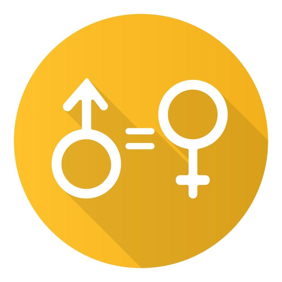 Gender equality yellow flat design long shadow glyph icon. Woman and man human rights. Female, male sign. Feminism, democracy. Fair relationship. Tolerance. Vector silhouette illustration