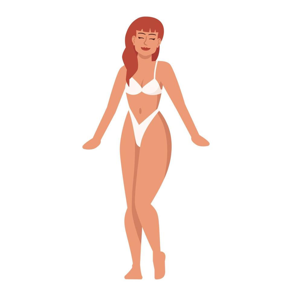 mujer vestida con ilustración de vector plano de traje de baño de dos piezas. cuerpo positivo, feminismo. figura delgada. modelo de lencería. Señora sonriente caucásica con el pelo rojo personaje de dibujos animados aislado sobre fondo blanco.