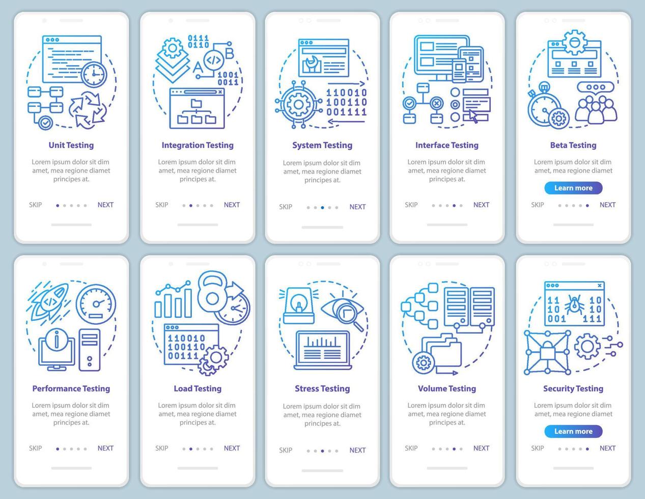 prueba de software incorporación de plantilla de vector de pantalla de página de aplicación móvil. análisis de rendimiento y usabilidad. paso a paso del sitio web con ilustraciones lineales. concepto de interfaz de teléfono inteligente ux, ui, gui