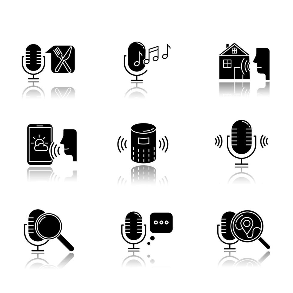 Voice control system drop shadow black glyph icons set. Sound requests idea. Different microphones. Music recognition, sound record. Virtual asisstance, voice commands. Isolated vector illustrations