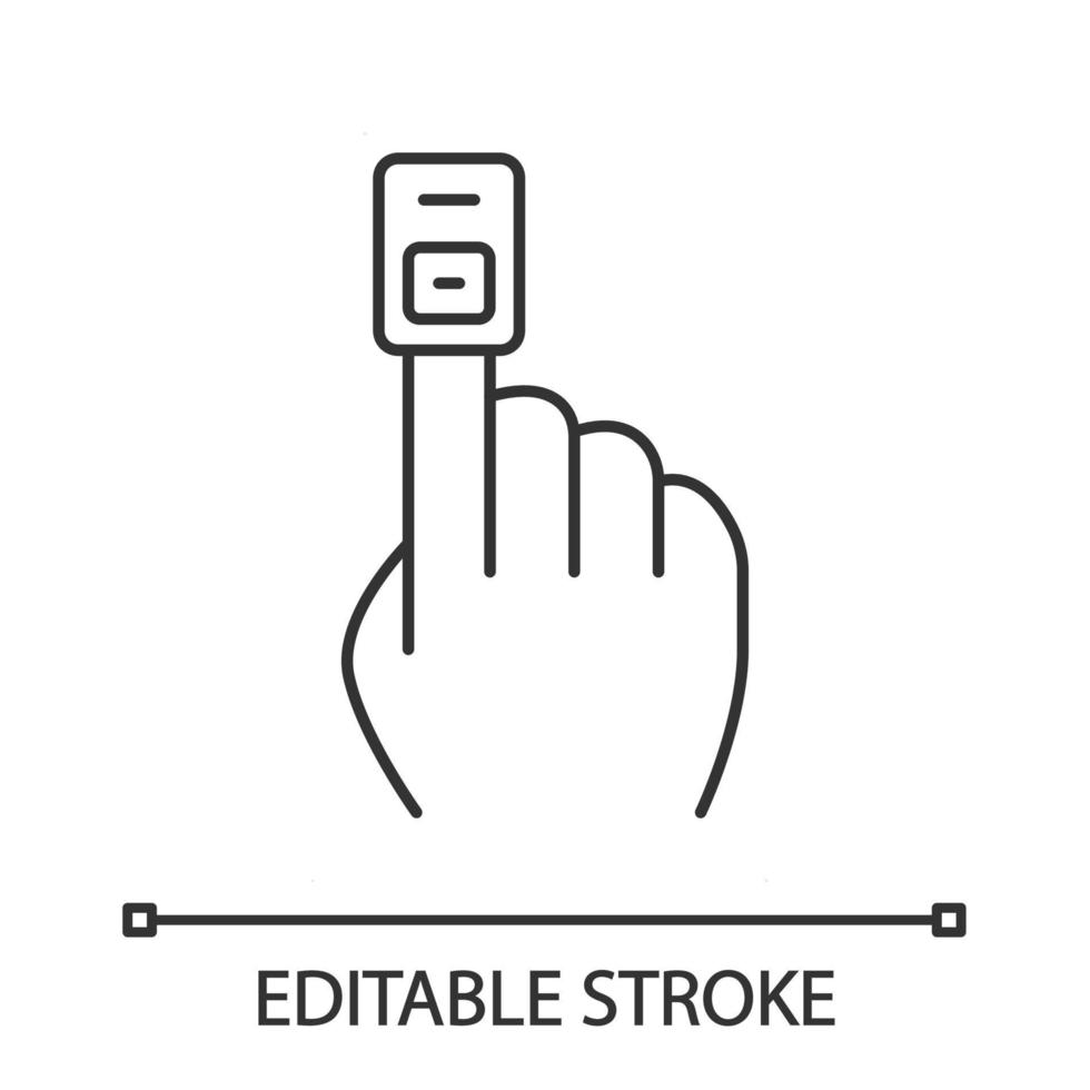 Fingertip pulse oximeter linear icon. Finger clip blood pressure monitor. Blood sugar test. Glucometer. Thin line illustration. Contour symbol. Vector isolated outline drawing. Editable stroke