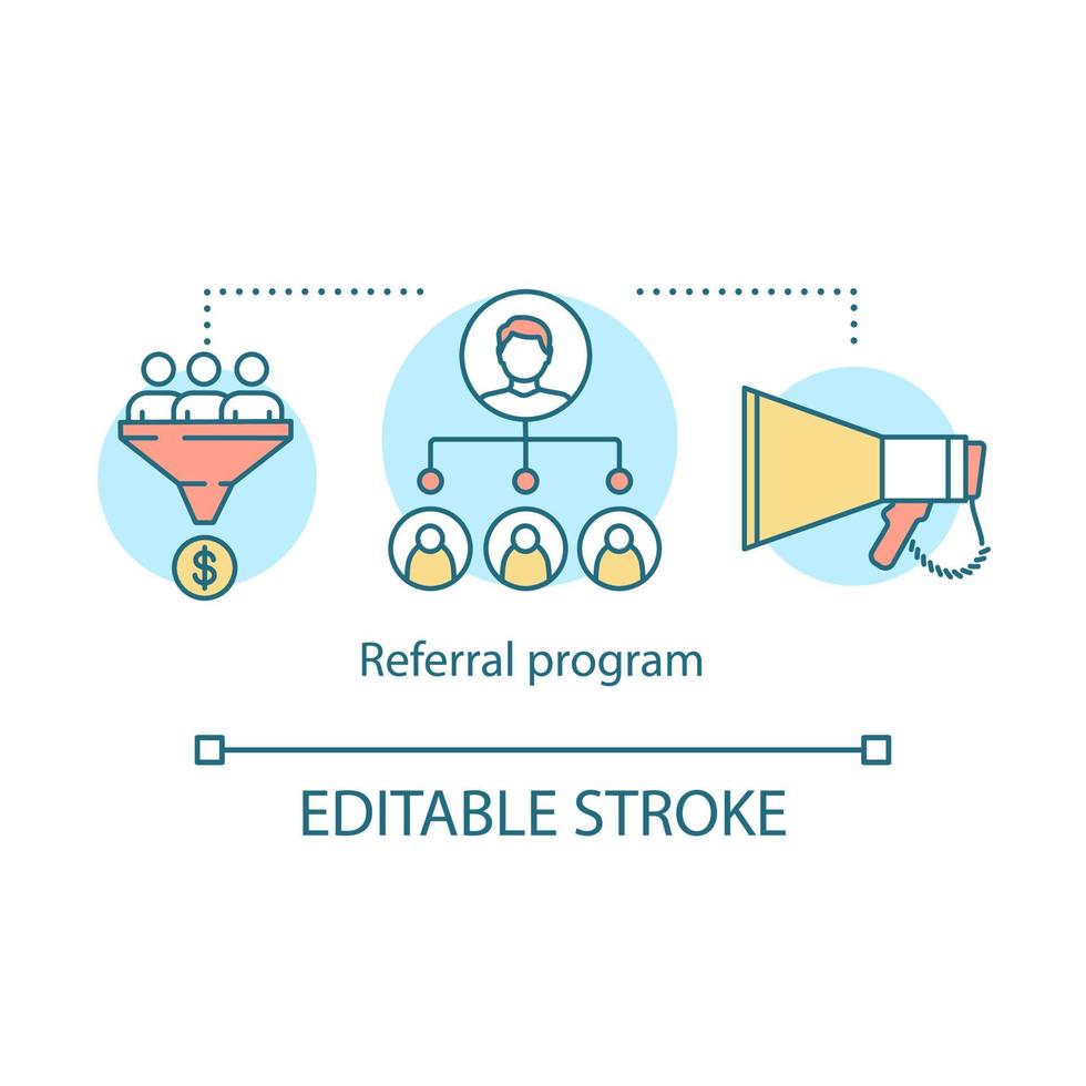 Referral program concept icon. Influencer, viral marketing idea thin line illustration. Customer attraction. Word of mouth. Sales funnel, traffic. Vector isolated outline drawing. Editable stroke