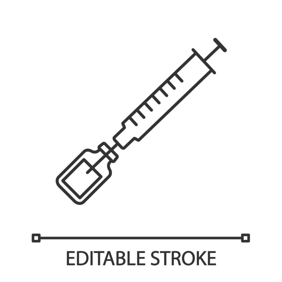 icono lineal de vacuna. Ilustración de línea fina. jeringa con vial de medicina. tétanos, inmunización bcg, vacunación. inyección de medicamentos. símbolo de contorno. dibujo de contorno aislado vectorial. trazo editable vector