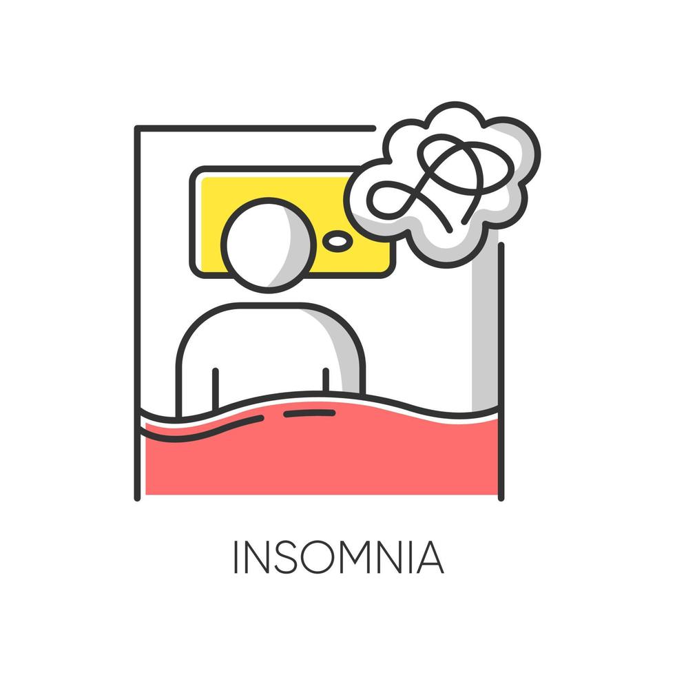 Insomnia color icon. Sleep deprivation. Person awake. Sleeplessness from stress and anxiety. Exhaustion, fatigue. Depression, worry. Mental disorder. Psychological issue. Isolated vector illustration