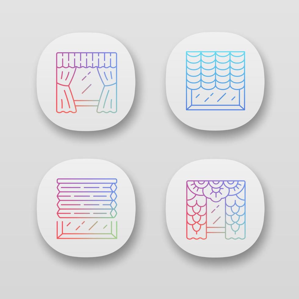 Window blinds app icons set. Austrian shades, lace curtains, window treatment set. House decor. Office interior design. Web or mobile applications. Vector isolated illustrations
