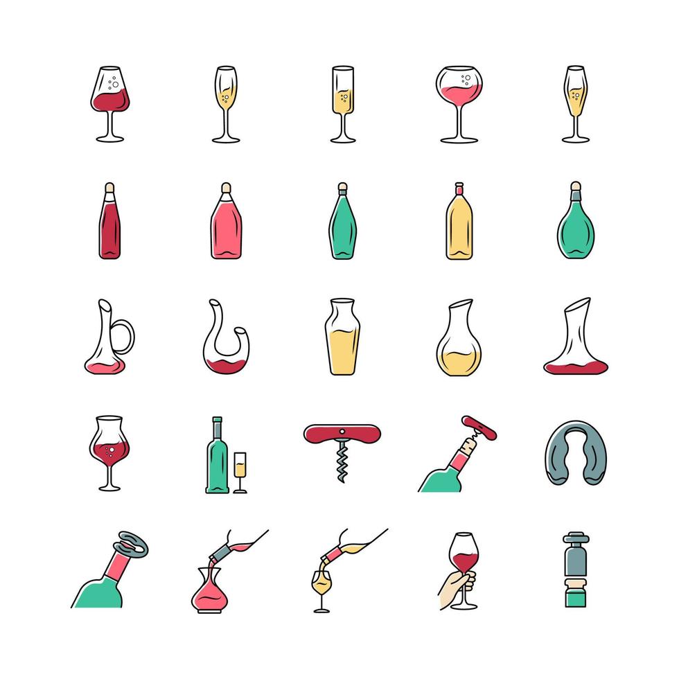 Wine and wineglasses icons set. Different types of glassware and alcohol beverages. Decanters, bottles, barman tools. Aperitif drinks, cocktails. Isolated vector illustrations