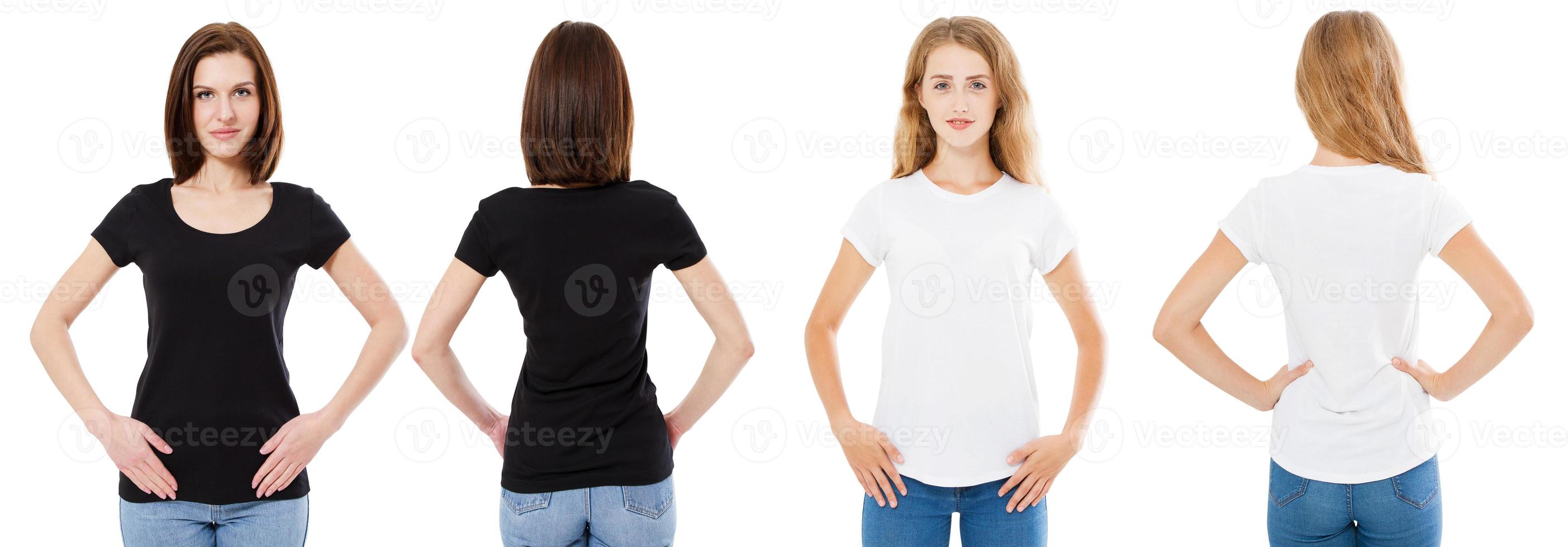 T-shirt set. Front and back view Brunette and Blonde in white and black t shirt isolated. Two girl in blank shirt, Mock up, Collage, Copy space, Template photo