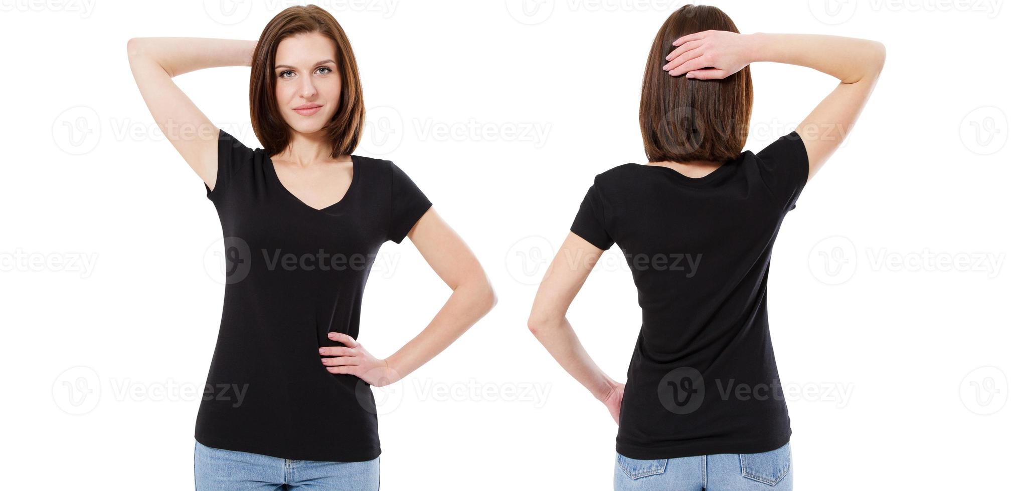 Conjunto de camiseta, linda morena con elegante camiseta negra aislada sobre fondo blanco, maqueta, en blanco foto