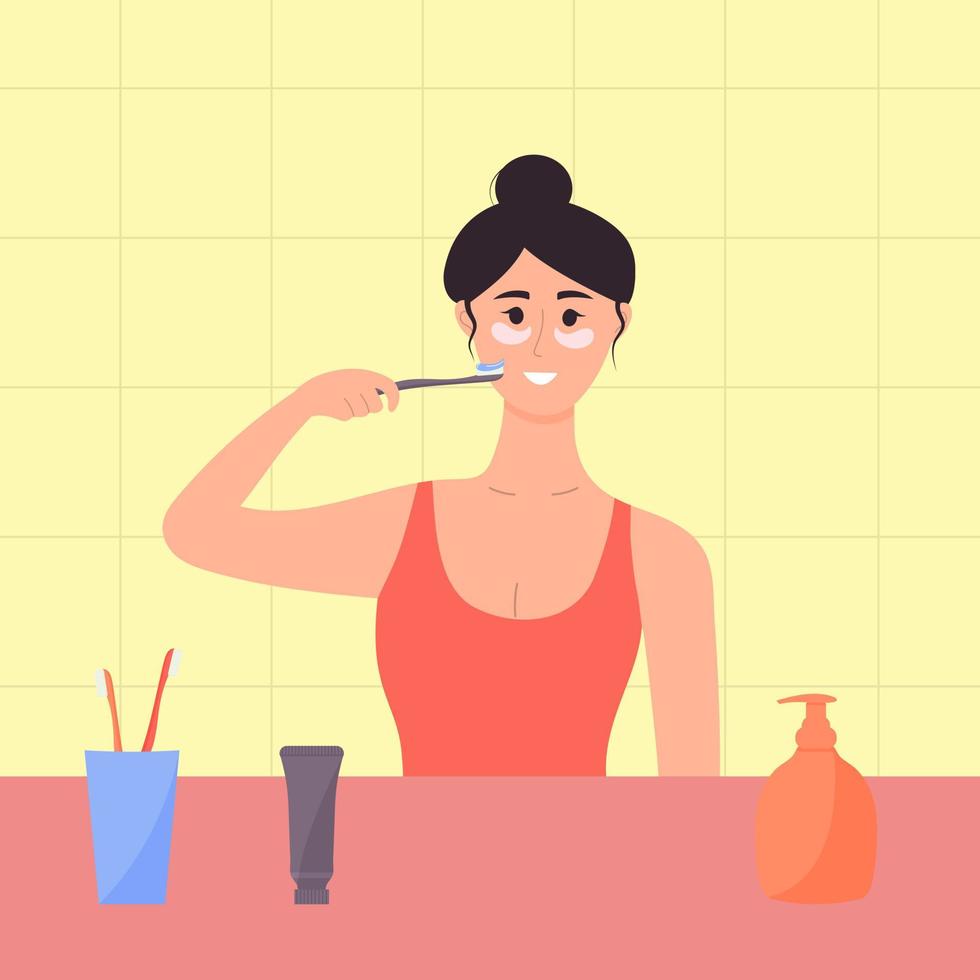 Girl with eye patches is brushing her teeth in the bathroom. vector
