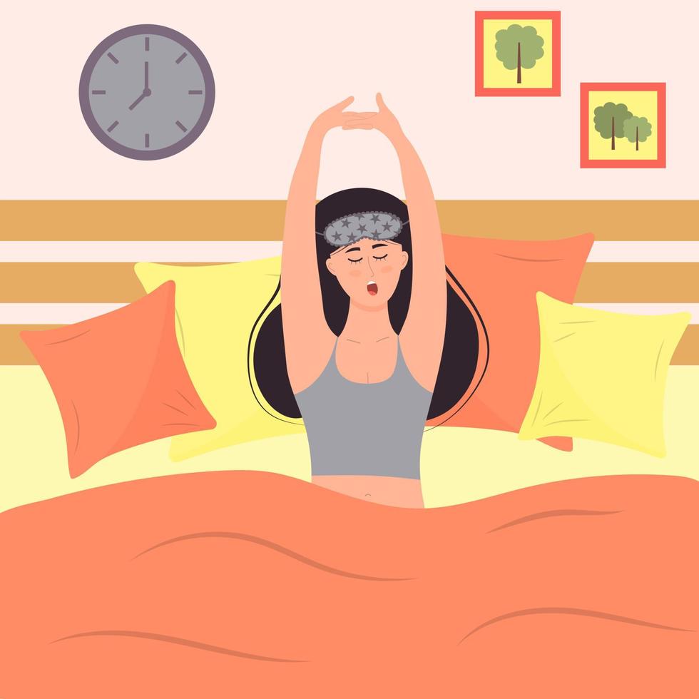 mujer joven en máscara para dormir está despertando y bostezando. vector