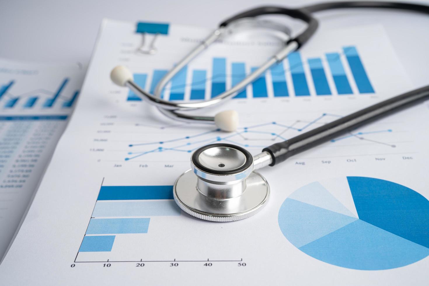 Stethoscope on charts and graphs paper, Finance, Account, Statistics, Investment, Analytic research data economy and Business company concept. photo