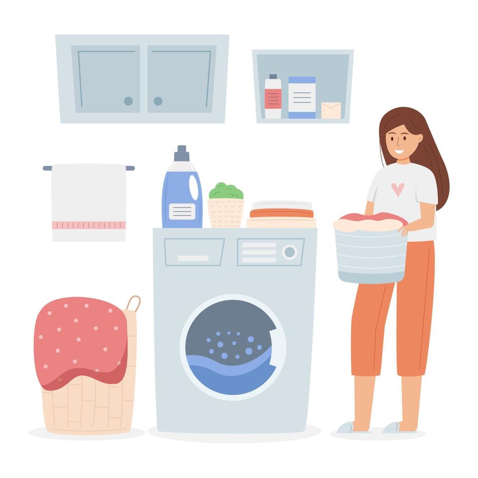 Happy woman doing laundry at home vector