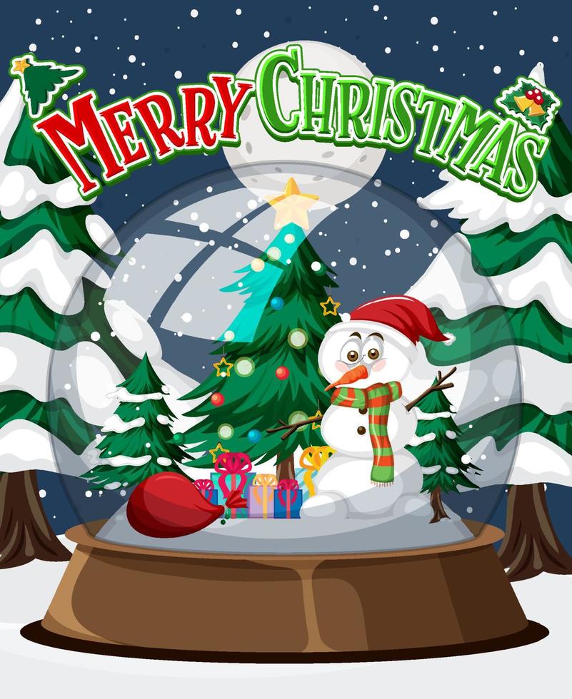 Merry Christmas poster with Snowman in glass dome vector