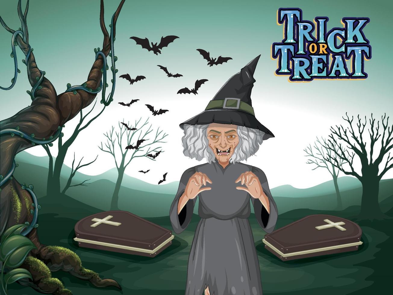 Dark forest scene with wicked old witch vector