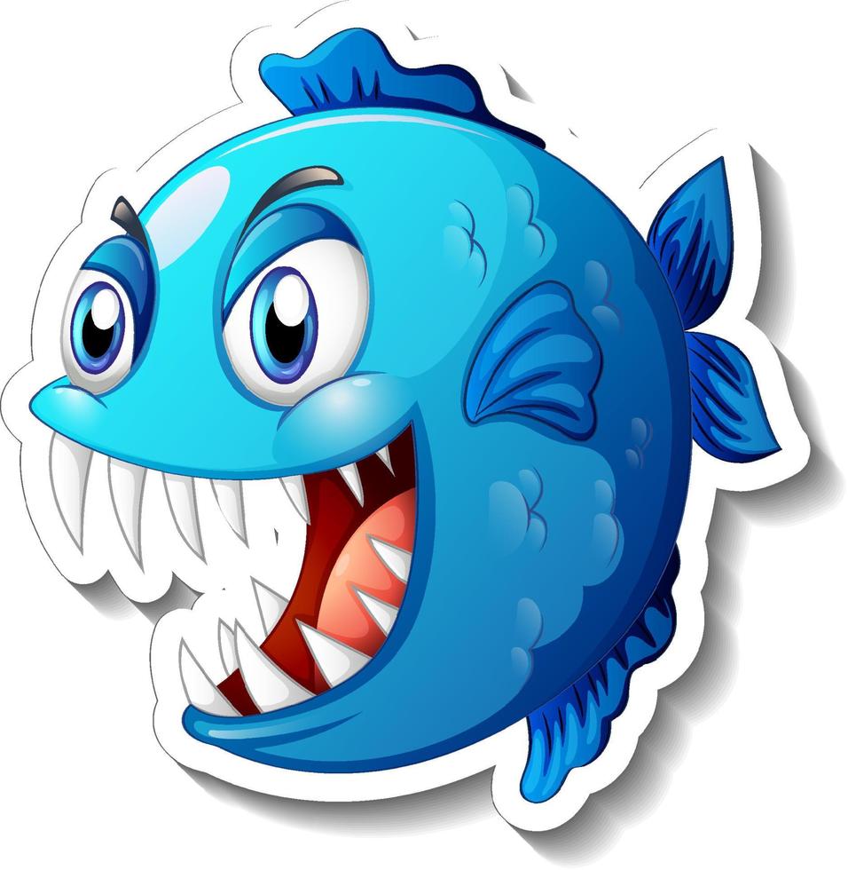 etiqueta engomada enojada de la historieta del pez piraña vector