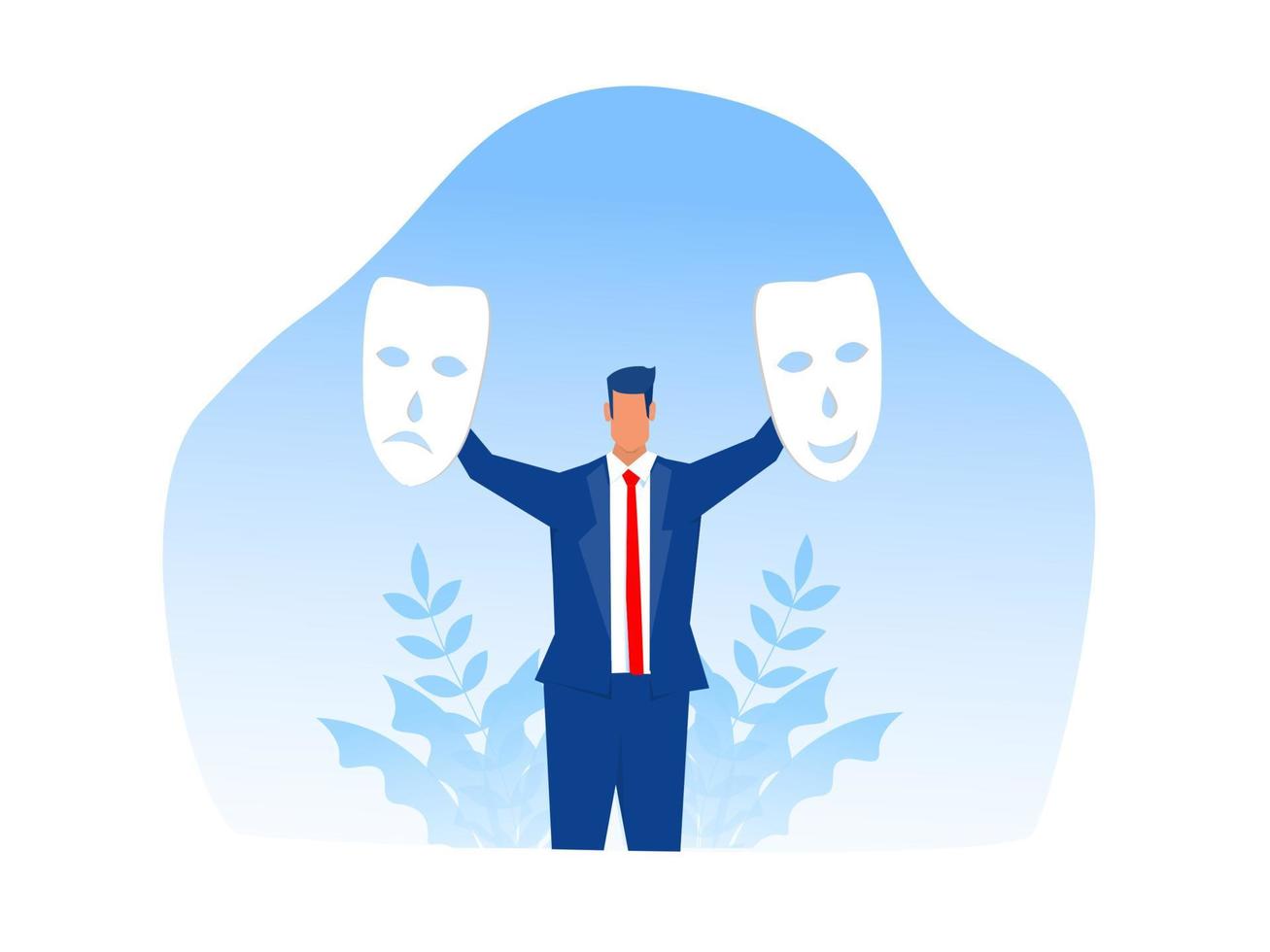 imposter syndrome,businessman trying on carnival masks with happy or sad expressions. vector