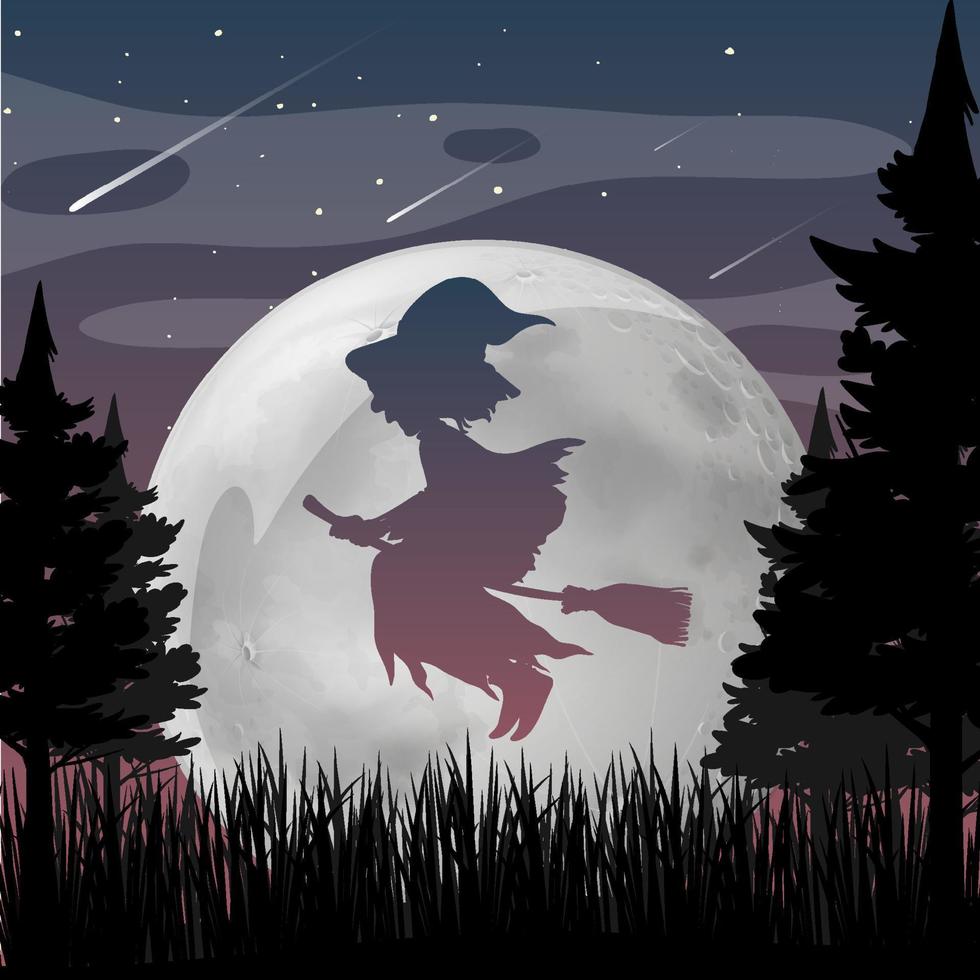 Halloween night background with witch silhouette vector