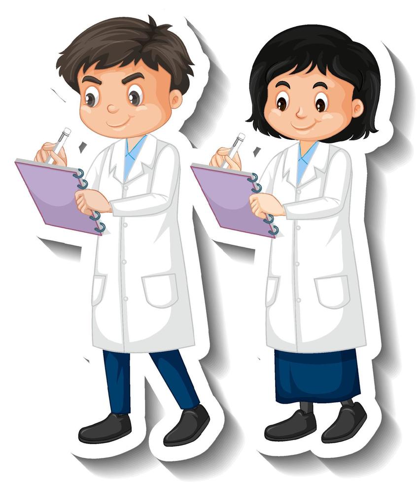 Scientist couple kids cartoon character sticker vector