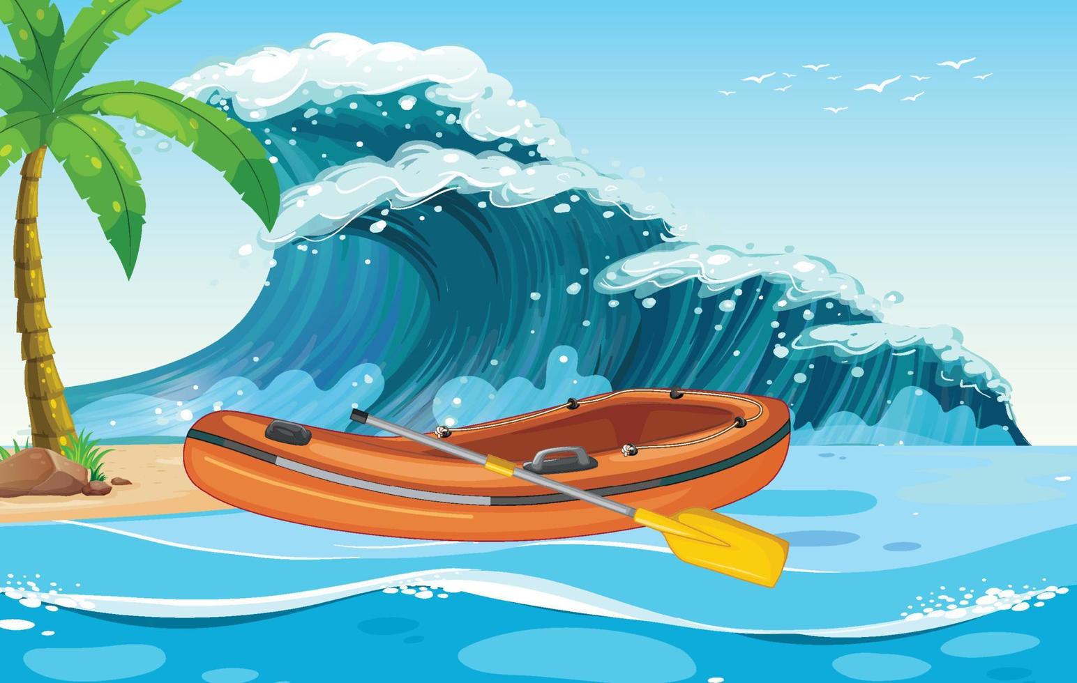 Escena de playa con bote inflable en las olas del mar. vector